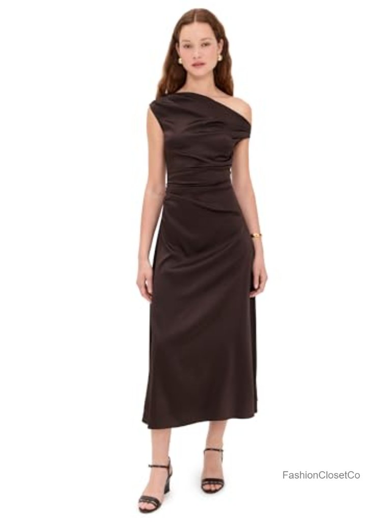 Silk Satin Ruched Midi Dress Sleeveless Sheath One Shoulder